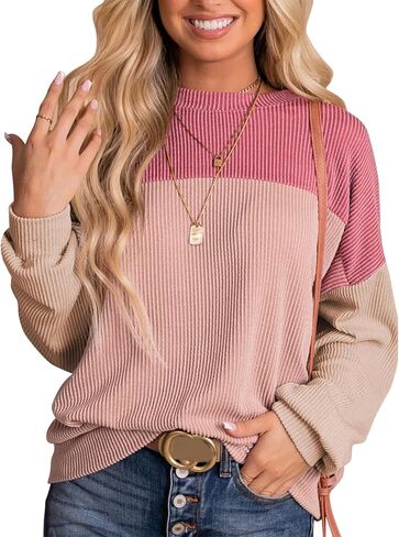 Womens Fashion 2024 Fall Long Sleeve Color Block Crewneck Knitted Ribbed Tops Casual Comfy Loose Blouse Pullover in Kuwait