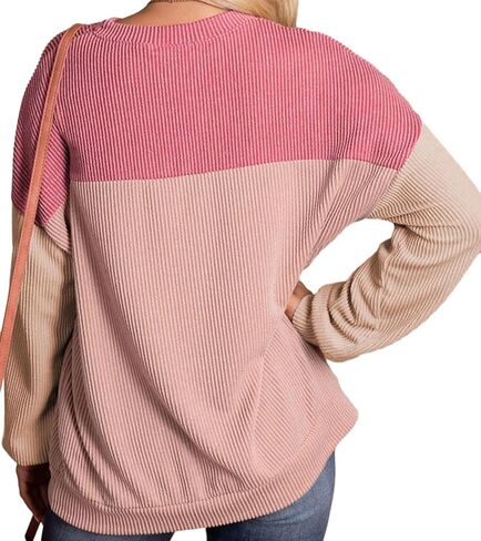 Womens Fashion 2024 Fall Long Sleeve Color Block Crewneck Knitted Ribbed Tops Casual Comfy Loose Blouse Pullover in Kuwait