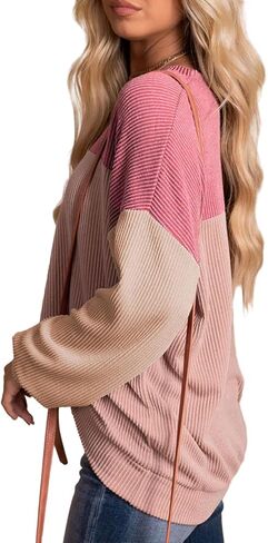 Womens Fashion 2024 Fall Long Sleeve Color Block Crewneck Knitted Ribbed Tops Casual Comfy Loose Blouse Pullover in Kuwait