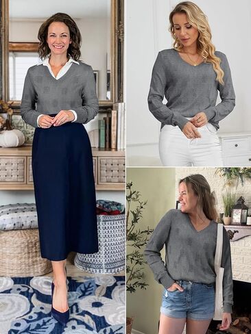 ATHMILE Women's Fall Tops 2025 Fashion Trendy Pullover Sweater V Neck Long Sleeve Shirt Knit Blouse Clothes Outfits in Saudi Arabia