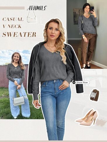 ATHMILE Women's Fall Tops 2025 Fashion Trendy Pullover Sweater V Neck Long Sleeve Shirt Knit Blouse Clothes Outfits in Saudi Arabia