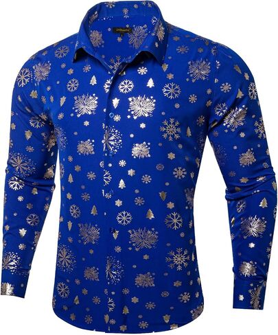 DiBanGu Christmas Shirts for Men Shiny Holiday Button Down Dress Shirts Xmas Festive Long Sleeve Shirt for Vacation Party in Kuwait