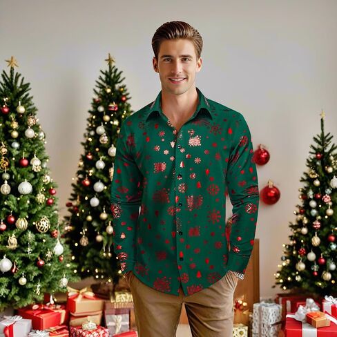 DiBanGu Christmas Shirts for Men Shiny Holiday Button Down Dress Shirts Xmas Festive Long Sleeve Shirt for Vacation Party in Kuwait