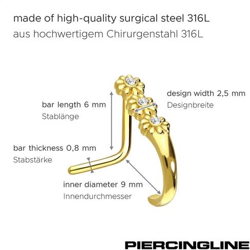 PIERCINGLINE 20G nose ring Surgical steel 316L nostril piercing jewelry | L shape nose ring in hoop optics 3 Crystal Flowers | Nose studs for women and men in Kuwait