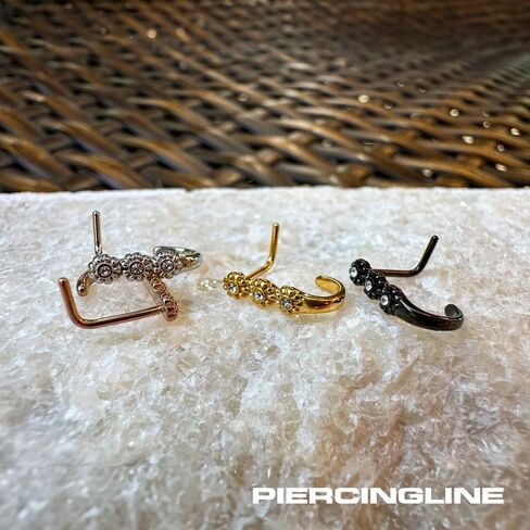 PIERCINGLINE 20G nose ring Surgical steel 316L nostril piercing jewelry | L shape nose ring in hoop optics 3 Crystal Flowers | Nose studs for women and men in Kuwait