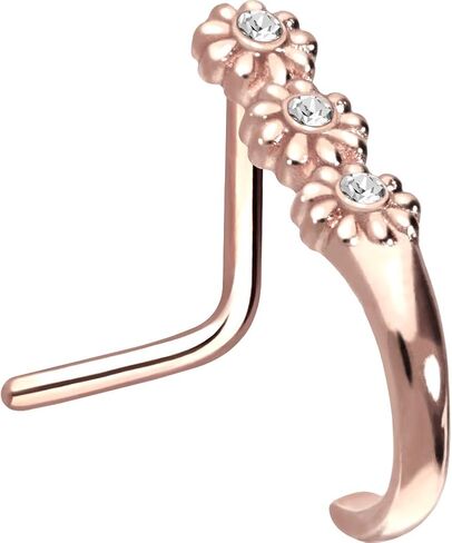 PIERCINGLINE 20G nose ring Surgical steel 316L nostril piercing jewelry | L shape nose ring in hoop optics 3 Crystal Flowers | Nose studs for women and men in Kuwait