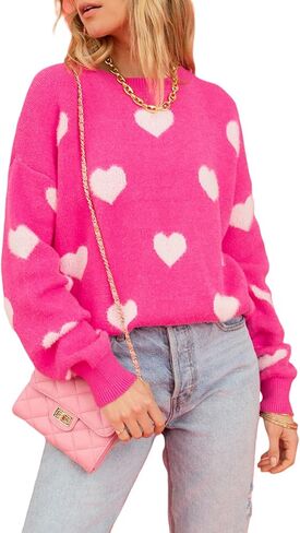 Heart Print Sweater for Women Valentine's Day Long Sleeve Oversized Pullover Sweater Y2K Knit Top in Saudi Arabia