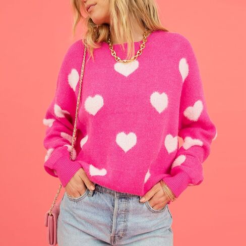 Heart Print Sweater for Women Valentine's Day Long Sleeve Oversized Pullover Sweater Y2K Knit Top in Saudi Arabia
