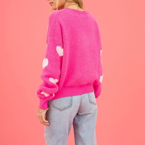 Heart Print Sweater for Women Valentine's Day Long Sleeve Oversized Pullover Sweater Y2K Knit Top in Saudi Arabia
