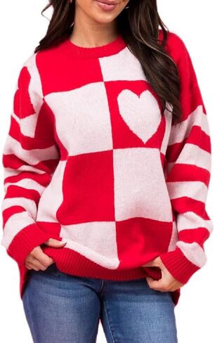 Heart Print Sweater for Women Valentine's Day Long Sleeve Oversized Pullover Sweater Y2K Knit Top in Saudi Arabia