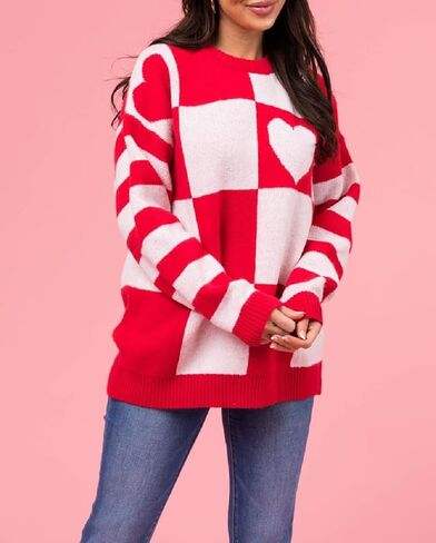 Heart Print Sweater for Women Valentine's Day Long Sleeve Oversized Pullover Sweater Y2K Knit Top in Saudi Arabia