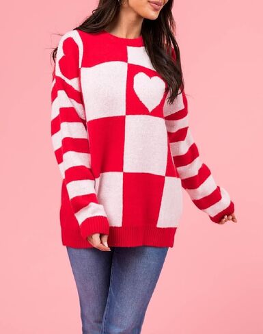 Heart Print Sweater for Women Valentine's Day Long Sleeve Oversized Pullover Sweater Y2K Knit Top in Saudi Arabia