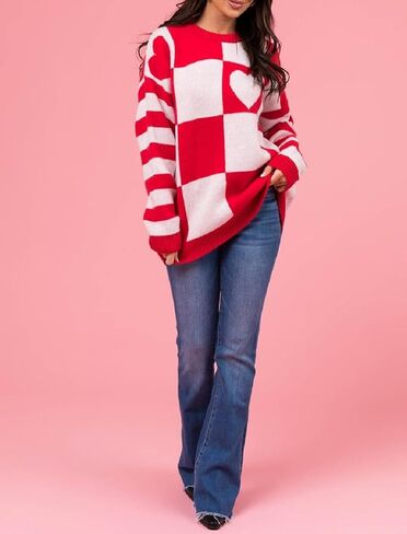 Heart Print Sweater for Women Valentine's Day Long Sleeve Oversized Pullover Sweater Y2K Knit Top in Saudi Arabia