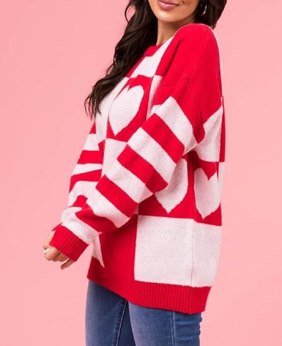 Heart Print Sweater for Women Valentine's Day Long Sleeve Oversized Pullover Sweater Y2K Knit Top in Saudi Arabia