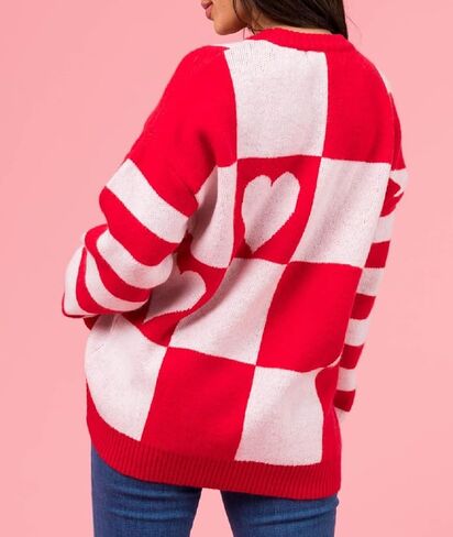 Heart Print Sweater for Women Valentine's Day Long Sleeve Oversized Pullover Sweater Y2K Knit Top in Saudi Arabia