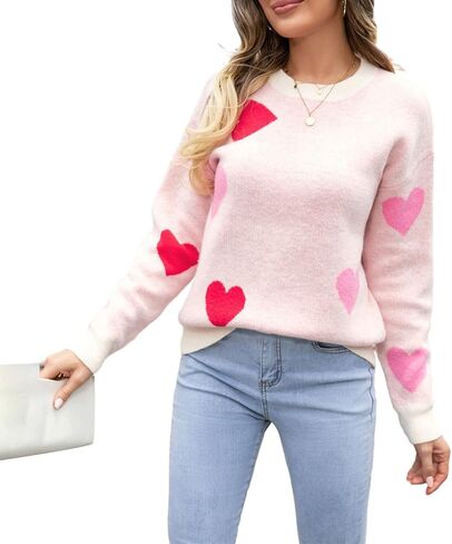 Heart Print Sweater for Women Valentine's Day Long Sleeve Oversized Pullover Sweater Y2K Knit Top in Saudi Arabia