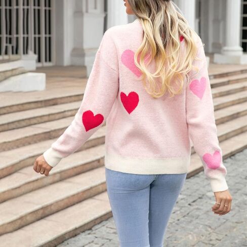 Heart Print Sweater for Women Valentine's Day Long Sleeve Oversized Pullover Sweater Y2K Knit Top in Saudi Arabia