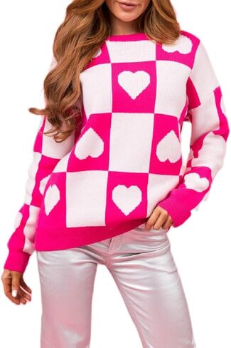 Heart Print Sweater for Women Valentine's Day Long Sleeve Oversized Pullover Sweater Y2K Knit Top in Kuwait