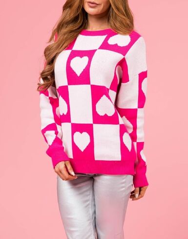 Heart Print Sweater for Women Valentine's Day Long Sleeve Oversized Pullover Sweater Y2K Knit Top in Kuwait