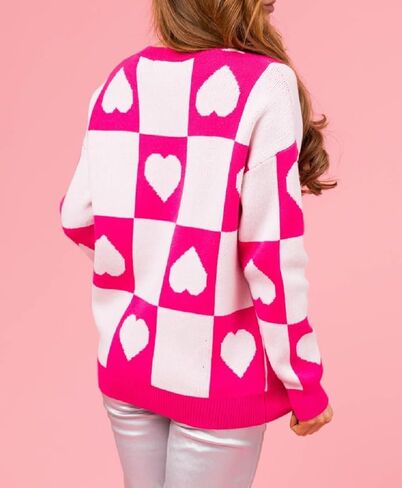 Heart Print Sweater for Women Valentine's Day Long Sleeve Oversized Pullover Sweater Y2K Knit Top in Kuwait