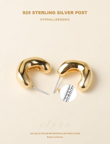 14K Gold Plated Chunky Open Hoop Earrings for Women 925 Sterling Silver Post Hypoallergenic Thick Hoop Earrings for Women in Kuwait