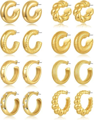 8 Pairs Chunky Hoop Earrings Sets for Women Lightweight Twist CZ Open Huggie Hoops Minimalist Thick Cartilage Earring Piercing Jewelry Gift Gold Silver Tone in Saudi Arabia