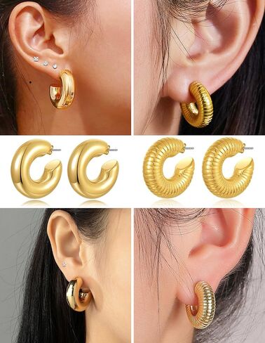 8 Pairs Chunky Hoop Earrings Sets for Women Lightweight Twist CZ Open Huggie Hoops Minimalist Thick Cartilage Earring Piercing Jewelry Gift Gold Silver Tone in Saudi Arabia