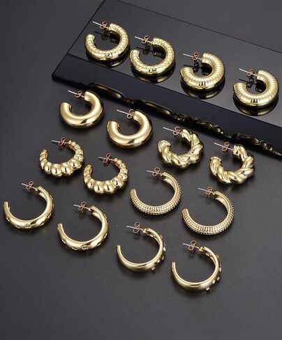 8 Pairs Chunky Hoop Earrings Sets for Women Lightweight Twist CZ Open Huggie Hoops Minimalist Thick Cartilage Earring Piercing Jewelry Gift Gold Silver Tone in Saudi Arabia