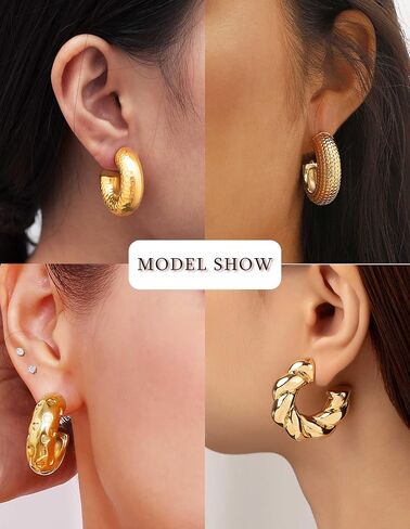 8 Pairs Chunky Hoop Earrings Sets for Women Lightweight Twist CZ Open Huggie Hoops Minimalist Thick Cartilage Earring Piercing Jewelry Gift Gold Silver Tone in Saudi Arabia