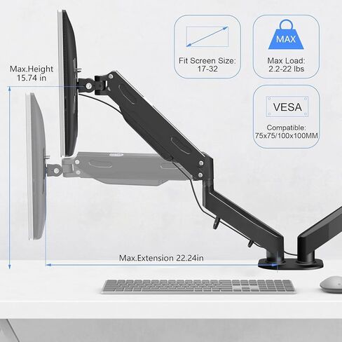 Premium Single Monitor Mount, Single Monitor Arm, Fully Adjustable Gas Spring VESA Monitor Mount, Monitor Stand Desk Mount for Display up to 32 inch LCD Weight Capacity 22lbs, Monitor Arm Mount in Kuwait