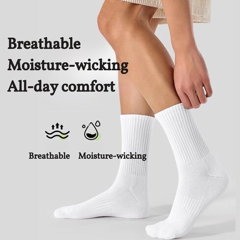 Cotton Crew Socks, White Socks for Women and Men, Sweat-Absorbent, Arch Support, Wear-Resistant, Fits Sizes 6-12, 5 pairs in Saudi Arabia