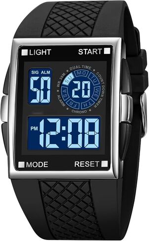 PASOY Unisex Digital Bracelet Watch Backlight Mens Women Square Alarm LED Black Rubber Watchband Sports Outdoor Waterproof Watch in Kuwait