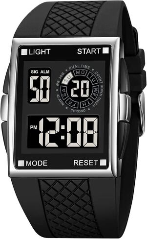 PASOY Unisex Digital Bracelet Watch Backlight Mens Women Square Alarm LED Black Rubber Watchband Sports Outdoor Waterproof Watch in Kuwait