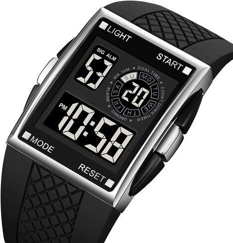PASOY Unisex Digital Bracelet Watch Backlight Mens Women Square Alarm LED Black Rubber Watchband Sports Outdoor Waterproof Watch in Kuwait