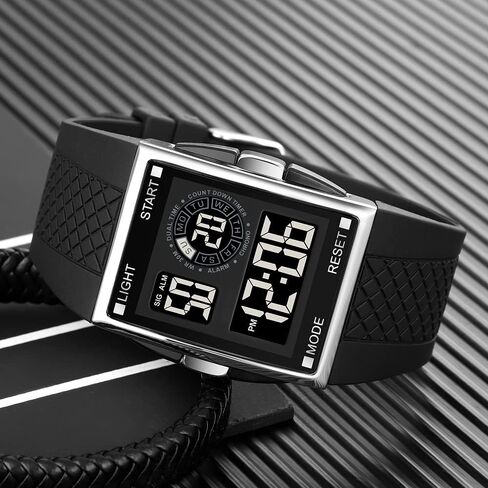 PASOY Unisex Digital Bracelet Watch Backlight Mens Women Square Alarm LED Black Rubber Watchband Sports Outdoor Waterproof Watch in Kuwait