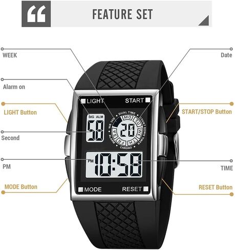 PASOY Unisex Digital Bracelet Watch Backlight Mens Women Square Alarm LED Black Rubber Watchband Sports Outdoor Waterproof Watch in Kuwait