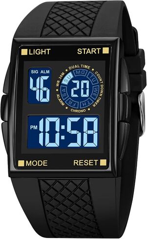 PASOY Unisex Digital Bracelet Watch Backlight Mens Women Square Alarm LED Black Rubber Watchband Sports Outdoor Waterproof Watch in Kuwait