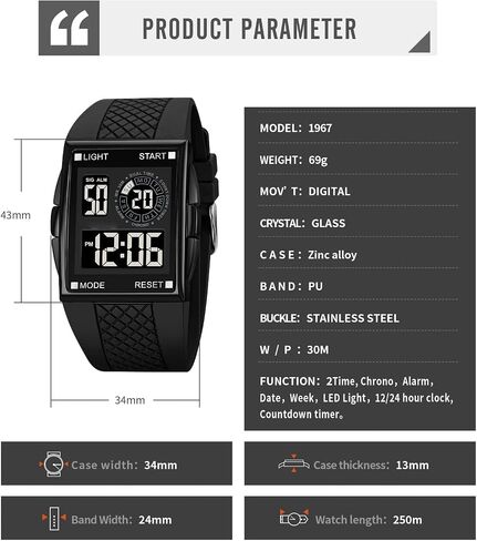 PASOY Unisex Digital Bracelet Watch Backlight Mens Women Square Alarm LED Black Rubber Watchband Sports Outdoor Waterproof Watch in Kuwait