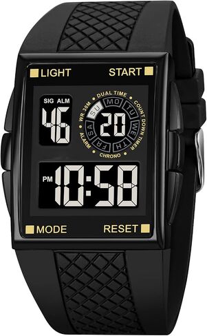 PASOY Unisex Digital Bracelet Watch Backlight Mens Women Square Alarm LED Black Rubber Watchband Sports Outdoor Waterproof Watch in Kuwait