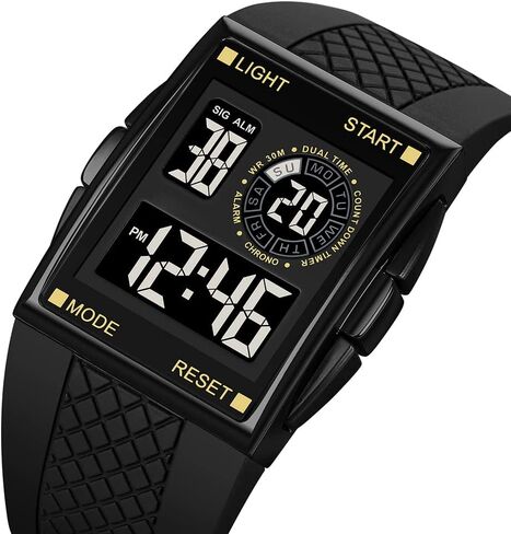 PASOY Unisex Digital Bracelet Watch Backlight Mens Women Square Alarm LED Black Rubber Watchband Sports Outdoor Waterproof Watch in Kuwait