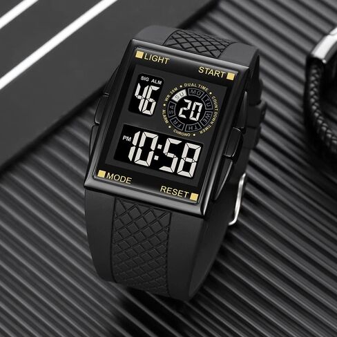 PASOY Unisex Digital Bracelet Watch Backlight Mens Women Square Alarm LED Black Rubber Watchband Sports Outdoor Waterproof Watch in Kuwait