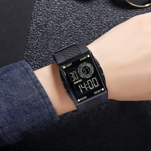 PASOY Unisex Digital Bracelet Watch Backlight Mens Women Square Alarm LED Black Rubber Watchband Sports Outdoor Waterproof Watch in Kuwait