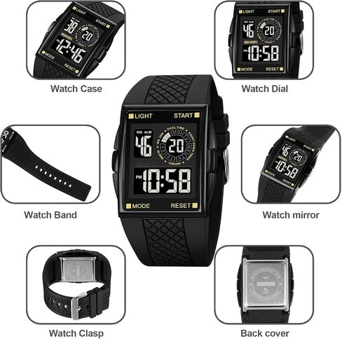 PASOY Unisex Digital Bracelet Watch Backlight Mens Women Square Alarm LED Black Rubber Watchband Sports Outdoor Waterproof Watch in Kuwait