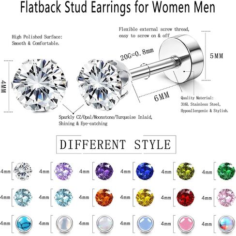 Besteel 𝟏𝟖 𝑷𝒂𝒊𝒓𝒔 أقراط خلفية مسطحة مضادة للحساسية من الفولاذ المقاوم للصدأ الجراحي أقراط مسمارية خلفية للنساء والرجال 20 جرام صغيرة تشيكوسلوفاكيا أوبال جوهرة الميلاد قيلولة الغضروف مجموعة أقراط مسطحة الظهر in Kuwait