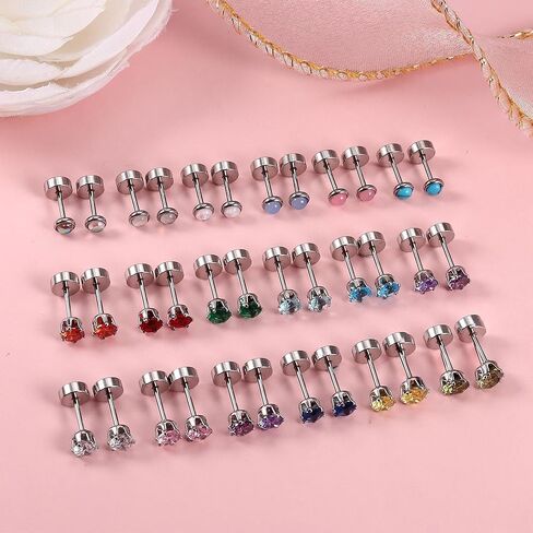 Besteel 𝟏𝟖 𝑷𝒂𝒊𝒓𝒔 أقراط خلفية مسطحة مضادة للحساسية من الفولاذ المقاوم للصدأ الجراحي أقراط مسمارية خلفية للنساء والرجال 20 جرام صغيرة تشيكوسلوفاكيا أوبال جوهرة الميلاد قيلولة الغضروف مجموعة أقراط مسطحة الظهر in Kuwait