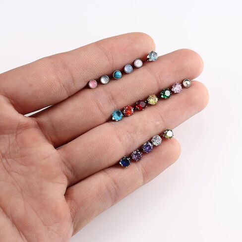 Besteel 𝟏𝟖 𝑷𝒂𝒊𝒓𝒔 أقراط خلفية مسطحة مضادة للحساسية من الفولاذ المقاوم للصدأ الجراحي أقراط مسمارية خلفية للنساء والرجال 20 جرام صغيرة تشيكوسلوفاكيا أوبال جوهرة الميلاد قيلولة الغضروف مجموعة أقراط مسطحة الظهر in Kuwait