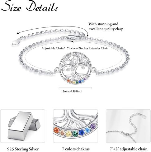 Dreamboat Sterling Silver Tree of Life Bracelet for Women 7 Chakra Bracelet Adjustable Bracelet Spiritual Tree Jewelry Gifts in Kuwait