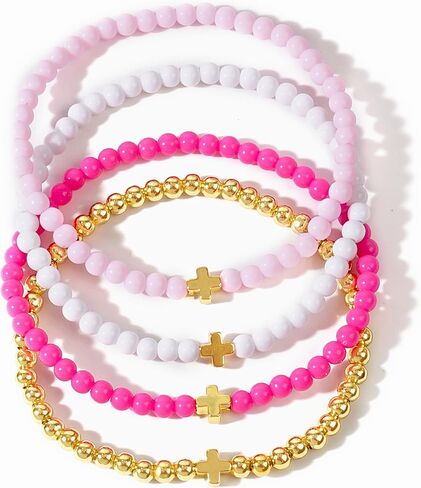 مجموعة أساور مكدسة من الخرز الذهبي للنساء، سوار بوهو لطيف مصنوع يدويًا باللون الوردي والأبيض ومطرز بالخرز، هدية مجوهرات صيفية للشاطئ. in Kuwait