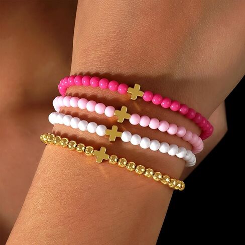 مجموعة أساور مكدسة من الخرز الذهبي للنساء، سوار بوهو لطيف مصنوع يدويًا باللون الوردي والأبيض ومطرز بالخرز، هدية مجوهرات صيفية للشاطئ. in Kuwait