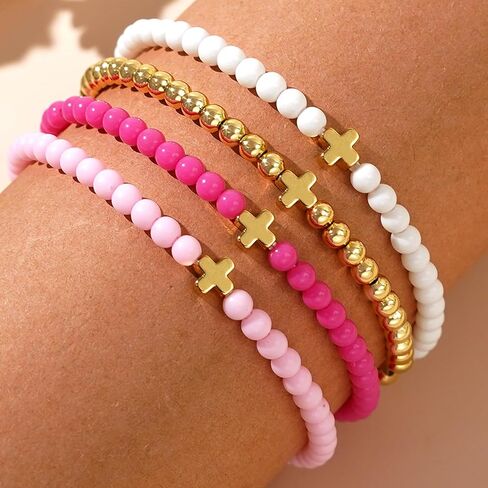 مجموعة أساور مكدسة من الخرز الذهبي للنساء، سوار بوهو لطيف مصنوع يدويًا باللون الوردي والأبيض ومطرز بالخرز، هدية مجوهرات صيفية للشاطئ. in Kuwait